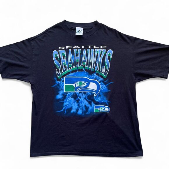 RARE Vintage Seattle Seahawks Blue & Green Graphic T-Shirt | 90s NFL Tee - Picture 1 of 7